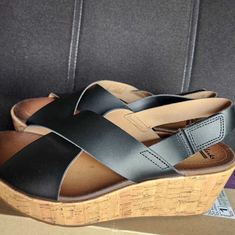 Clarks Black and Tan Wedge Sandals